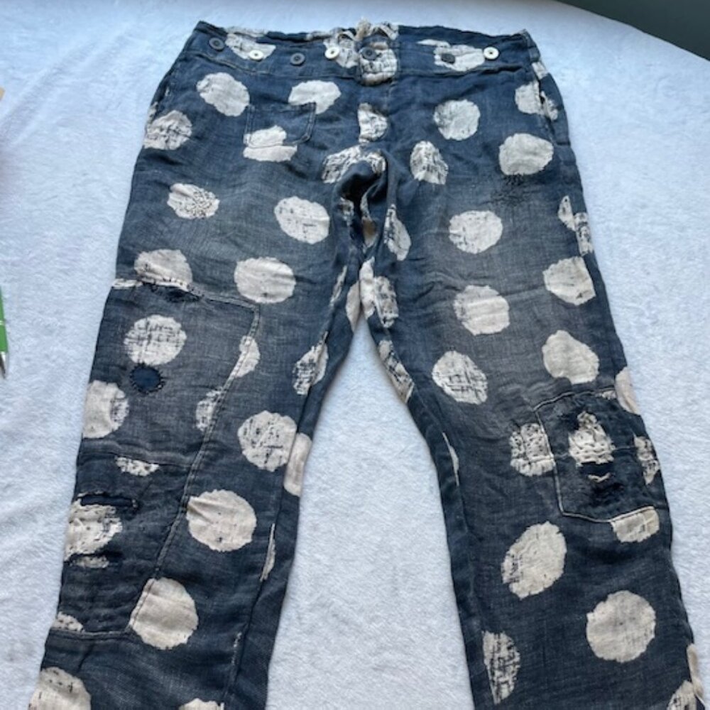 Magnolia Pearl Navy Blue Linen Polka Dot Button-Front Pants - Picture 3 of 15